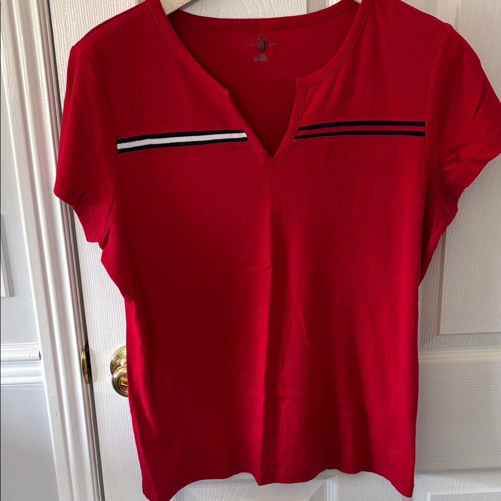 Tommy Hilfiger Red Short Sleeve Top with Stripe Detail